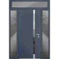 Front Exterior Prehung Steel Door / Cynex 6777 Black / 2 Sidelight and Transom Window / Stainless Inserts Single Modern Painted-W16+36+16" x H80+16"-Left-hand Outswing Gray Graphite