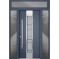 Front Exterior Prehung Steel Door / Deux 0757 Gray Graphite / 2 Sidelight and Transom Window / Stainless Inserts Single Modern Painted-W14+36+14" x H96+16"-Right-hand Inswing Gray Graphite