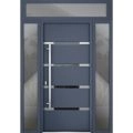Front Exterior Prehung Steel Door / Deux 1105 Black Enamel / 2 Sidelight and Transom Window Sidelite / Stainless Inserts Entry Metal Modern Painted W14+36+14" x H80+16" Right hand Outswing Gray Graphite