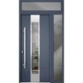 Front Exterior Prehung Steel Door / Deux 5755 Gray Graphite / Sidelight and Transom Window / Stainless Inserts Single Modern Painted-W36+14" x H80+16"-Right-hand Inswing Gray Graphite