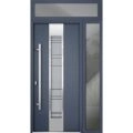 Front Exterior Prehung Steel Door / Deux 0757 Gray Graphite / Sidelight and Transom Window / Stainless Inserts Single Modern Painted-W36+16" x H96+16"-Right-hand Inswing Gray Graphite