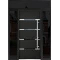 Front Exterior Prehung Steel Door / Deux 1105 Black Enamel / 2 Sidelight and Transom Window Sidelite / Stainless Inserts Entry Metal Modern Painted W14+36+14" x H80+16" Left hand Inswing Black