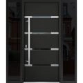 Front Exterior Prehung Steel Door / Deux 1105 Black Enamel / 2 Sidelight Exterior Windows Sidelites/ Stainless Inserts Entry Metal Modern Painted W14+36+14" x H80" Right hand Outswing Black