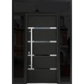 Front Exterior Prehung Steel Door / Deux 1105 Black Enamel / 2 Sidelight and Transom Window Sidelite / Stainless Inserts Entry Metal Modern Painted W16+36+16" x H80+16" Right hand Inswing Black