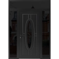 Front Exterior Prehung Steel Door / Ronex 1277 Brown / 2 Sidelight and Transom Window Sidelite / Entry Metal Modern Painted W16+36+16" x H80+16" Right hand Inswing Black
