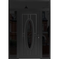 Front Exterior Prehung Steel Door / Ronex 1277 Black Enamel / 2 Sidelight and Transom Window Sidelite / Stainless Inserts Entry Metal Modern Painted W12+36+12" x H80+16" Left hand Inswing Black