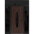 Front Exterior Prehung Steel Door / Ronex 1277 Black Enamel / 2 Sidelight and Transom Window Sidelite / Stainless Inserts Entry Metal Modern Painted W12+36+12" x H80+16" Left hand Inswing Brown