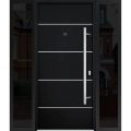 Front Exterior Prehung Steel Door / Deux 6083 Black Enamel / 2 Sidelight Exterior Windows Sidelites/ Stainless Inserts Entry Metal Modern Painted W12+36+12" x H80" Left hand Inswing Black