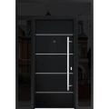 Front Exterior Prehung Steel Door / Deux 6083 Black Enamel / 2 Sidelight and Transom Window Sidelite / Stainless Inserts Entry Metal Modern Painted W12+36+12" x H80+16" Left hand Inswing Black