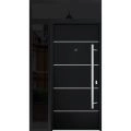 Front Exterior Prehung Steel Door / Deux 6083 Black Enamel / Sidelight and Transom Window Sidelite / Stainless Inserts Entry Metal Modern Painted W36+12" x H80+16" Left hand Inswing Black