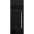 Front Exterior Prehung Steel Door / Deux 6083 Black Enamel / Transom Window Sidelite / Stainless Inserts Entry Metal Modern Painted W36" x H80+16" Left hand Inswing Black