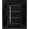 Front Exterior Prehung Steel Door / Deux 6083 Black Enamel / 2 Sidelight Exterior Windows Sidelites/ Stainless Inserts Entry Metal Modern Painted W16+36+16" x H80" Right hand Inswing Black