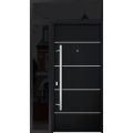 Front Exterior Prehung Steel Door / Deux 6083 Black Enamel / Sidelight and Transom Window Sidelite / Stainless Inserts Entry Metal Modern Painted W36+14" x H80+16" Right hand Inswing Black