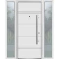 Front Exterior Prehung Steel Door / Deux 1705 White Enamel / 2 Sidelight Exterior Black Windows / Stainless Inserts Single Modern Painted-W14+36+14" x H80"-Left-hand Inswing White