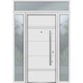 Front Exterior Prehung Steel Door / Deux 1705 White Enamel / 2 Sidelight and Transom Black Window / Stainless Inserts Single Modern Painted-W14+36+14" x H80+16"-Left-hand Inswing White