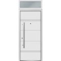 Front Exterior Prehung Steel Door / Deux 1705 White Enamel / Transom Black Window / Stainless Inserts Single Modern Painted-W36" x H80+16"-Right-hand Inswing White