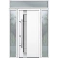 Front Exterior Prehung Steel Door / Deux 1713 White Enamel / 2 Sidelight and Transom Black Window / Stainless Inserts Single Modern Painted-W16+36+16" x H80+16"-Right-hand Inswing White
