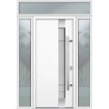 Front Exterior Prehung Steel Door / Deux 1713 White Enamel / 2 Sidelight and Transom Black Window / Stainless Inserts Single Modern Painted-W16+36+16" x H80+16"-Left-hand Inswing White