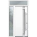 Front Exterior Prehung Steel Door / Deux 1713 White Enamel / Sidelight and Transom Black Window / Stainless Inserts Single Modern Painted-W36+16" x H80+16"-Left-hand Inswing White