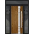 Front Exterior Prehung Steel Door / Deux 1713 White Enamel / 2 Sidelight and Transom Black Window / Stainless Inserts Single Modern Painted-W14+36+14" x H80+16"-Left-hand Inswing Oak