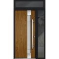 Front Exterior Prehung Steel Door / Deux 1713 White Enamel / Sidelight and Transom Black Window / Stainless Inserts Single Modern Painted-W36+12" x H80+16"-Left-hand Inswing Oak