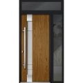 Front Exterior Prehung Steel Door / Deux 1713 Natural Oak / Sidelight and Transom Black Window / Stainless Inserts Single Modern Painted-W36+14" x H80+16"-Right-hand Inswing Oak