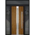 Front Exterior Prehung Steel Door / Deux 1744 Natural Oak / 2 Sidelight and Transom Black Window / Stainless Inserts Single Modern Painted-W12+36+12" x H80+16"-Left-hand Inswing Oak