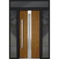 Front Exterior Prehung Steel Door / Deux 1744 Natural Oak / 2 Sidelight and Transom Black Window / Stainless Inserts Single Modern Painted-W12+36+12" x H80+16"-Right-hand Inswing Oak