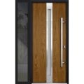 Front Exterior Prehung Steel Door / Deux 1744 Natural Oak / Sidelight Exterior Black Window / Stainless Inserts Single Modern Painted-W36+14" x H80"-Left-hand Inswing Oak