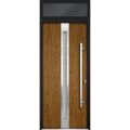 Front Exterior Prehung Steel Door / Deux 1744 Natural Oak / Transom Black Window / Stainless Inserts Single Modern Painted-W36" x H80+16"-Left-hand Inswing Oak