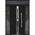 Front Exterior Prehung Steel Door / Deux 1755 Black Enamel / 2 Sidelight and Transom Window / Stainless Inserts Single Modern Painted-W14+36+14" x H80+16"-Left-hand Inswing Black