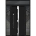 Front Exterior Prehung Steel Door / Deux 1755 Black Enamel / 2 Sidelight and Transom Window / Stainless Inserts Single Modern Painted-W14+36+14" x H80+16"-Right-hand Inswing Black
