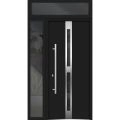 Front Exterior Prehung Steel Door / Deux 1755 Black Enamel / Sidelight and Transom Window / Stainless Inserts Single Modern Painted-W36+12" x H80+16"-Right-hand Inswing Black
