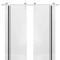 Sliding Double Barn Doors with Hardware | Planum 0011 Matte Grey and Aluminum Strips | Silver 13FT Rail Hangers Sturdy Set | Modern Solid Panel Interior Hall Bedroom Bathroom Door White