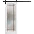 Sturdy Barn Door Frosted Tempered Glass | Planum 2112 Chocolate Ash and Aluminum Strips | 6.6FT Black Rail Hangers Heavy Hardware Set | Modern Solid Panel Interior Doors-32" x 96" White