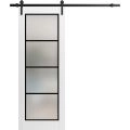 Sturdy Barn Door Frosted Tempered Glass | Planum 2132 Chocolate Ash with Frosted Glass and Aluminum Strips | 6.6FT Black Rail Hangers Heavy Hardware Set | Modern Solid Panel Interior Doors White