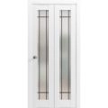 Sliding Closet Bi-fold Doors | Planum 2112 White Silk with Frosted Glass and Aluminum Strips | Sturdy Tracks Moldings Trims Hardware Set | Wood Solid Bedroom Wardrobe Doors White