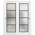 Sliding Closet Bypass Doors with Hardware | Planum 2132 Matte Black with Frosted Glass and Aluminum Strips | Sturdy Rails Moldings Trims Hardware Set | Modern Wood Solid Bedroom Wardrobe Doors White