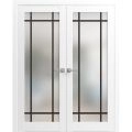 Solid French Double Doors | Planum 2112 Matte Black with Frosted Glass and Aluminum Strips | Wood Solid Panel Frame Trims | Closet Bedroom Sturdy Doors White