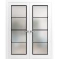 Solid French Double Doors Frosted Glass | Planum 2132 Chocolate Ash and Aluminum Strips | Wood Solid Panel Frame Trims | Closet Bedroom Sturdy Doors-56" x 80" (2* 28x80) White