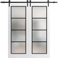 Sturdy Double Barn Door with Frosted Glass | Planum 2132 Chocolate Ash and Aluminum Strips | 13FT Silver Rail Hangers Heavy Set | Modern Solid Panel Interior Doors-48" x 80" (2* 24x80) White