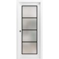 Sliding Pocket Door with Frosted Tempered Glass | Planum 2132 White Silk and Aluminum Strips | Kit Trims Rail Hardware | Solid Wood Interior Bedroom Bathroom Closet Sturdy Doors-28" x 84" White