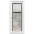 Sliding Pocket Door with Frosted Tempered Glass | Planum 2122 Matte Black with Frosted Glass and Aluminum Strips | Kit Trims Rail Hardware | Solid Wood Interior Bedroom Bathroom Closet Sturdy Doors White