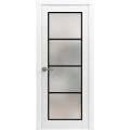 Solid French Door Frosted Glass | Planum 2132 Matte Black and Aluminum Strips | Single Regular Panel Frame Trims Handle | Bathroom Bedroom Sturdy Doors -32" x 96" White