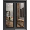Sliding Closet Bypass Doors with Clear Glass | Lucia 2466 Matte Black and Aluminum Strips | Sturdy Rails Moldings Trims Hardware Set | Wood Solid Bedroom Wardrobe Doors-72" x 96" (2* 36x96) Black Matte