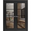 Solid French Double Doors Clear Glass | Lucia 2466 Matte Black and Aluminum Strips | Wood Solid Panel Frame Trims | Closet Bedroom Sturdy Doors-48" x 84" (2* 24x84) Black Matte