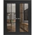 Solid French Double Doors | Lucia 2366 Matte Black with Clear Glass and Aluminum Strips | Wood Solid Panel Frame Trims | Closet Bedroom Sturdy Doors Black Matte