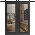 Sturdy Double Barn Door | Lucia 2366 Matte Black with Clear Glass and Aluminum Strips | 13FT Rail Hangers Heavy Set | Solid Panel Interior Doors Black Matte