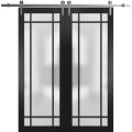 Sturdy Double Barn Door with Frosted Glass | Planum 2112 Chocolate Ash and Aluminum Strips | 13FT Silver Rail Hangers Heavy Set | Modern Solid Panel Interior Doors-64" x 96" (2* 32x96) Black Matte