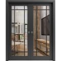 Sliding Double Pocket Door Clear Glass | Lucia 2266 White Silk and Aluminum Strips | Kit Trims Rail Hardware | Solid Wood Interior Bedroom Bathroom Closet Sturdy Doors-36" x 84" (2* 18x84) Black Matte